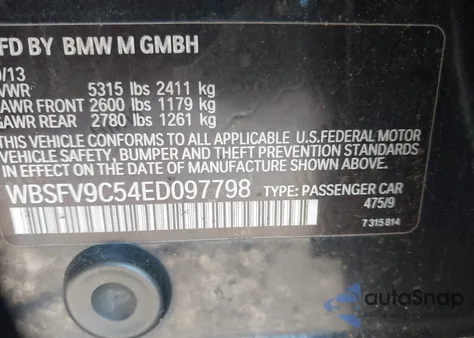 2014 BMW M5 из США, поврежденный, VIN WBSFV9C54ED097798